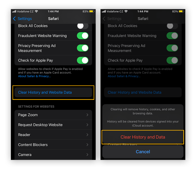 Clearing history and browsing data in Safari for iOS