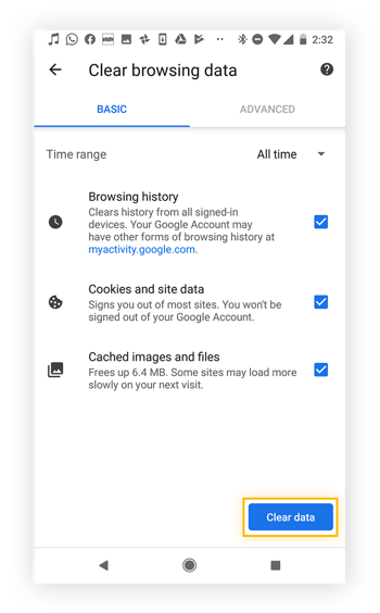 Clearing browsing data, including cookies and cache, on Google Chrome for Android