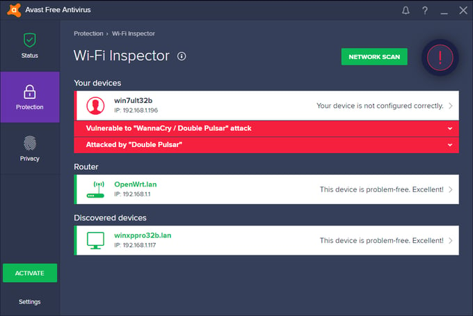 Функция проверки Wi-Fi Avast определяет уязвимо ли устройство перед вирусом-вымогателем Wanna Cry