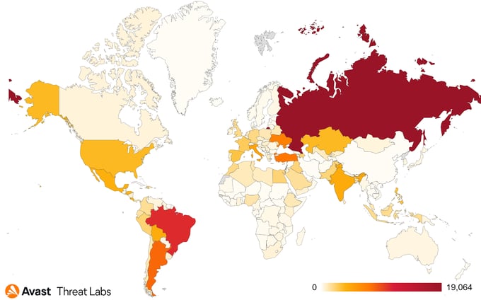 Mapa mostrando o número de usuários Avast protegidos do SMSFactory nos últimos 12 meses