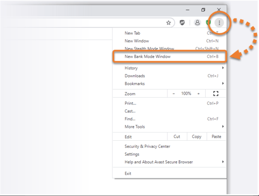 Open Avast Secure Browser and go to ⋮ Menu (three dots) ▸ New Bank Mode Window.
