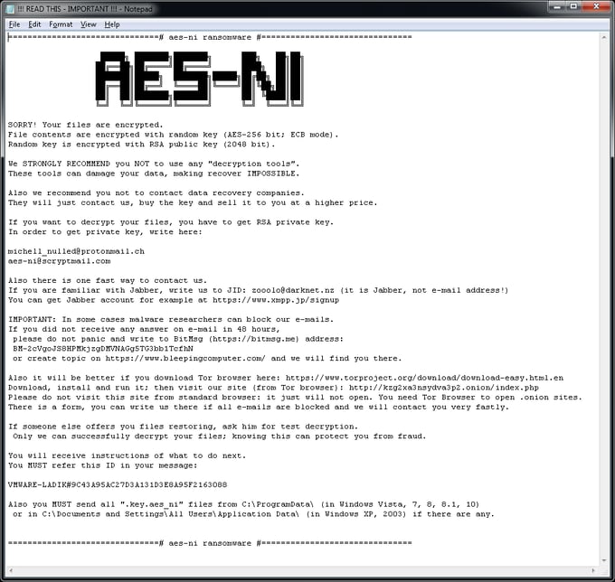 Message du ransomware AES_NI