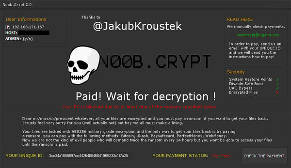 NoobCrypt ransomware ransom message