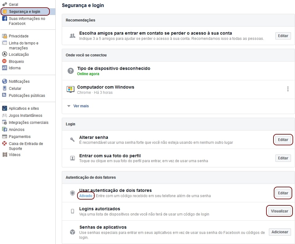 Configurações de Segurança do Facebook