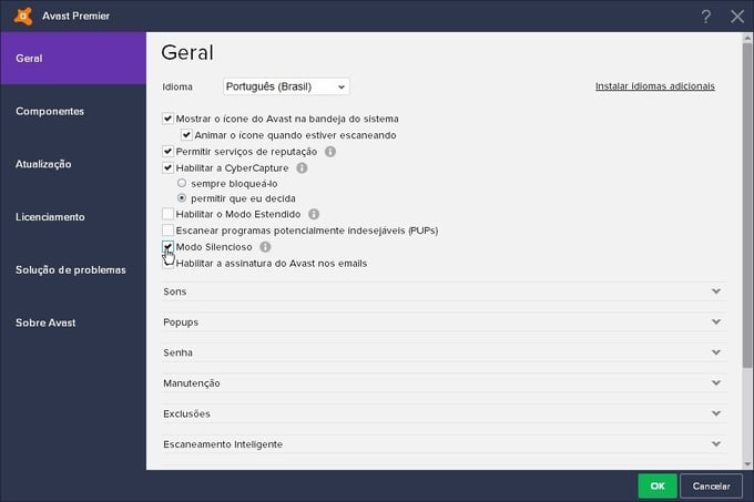 Configurações do Avast - Modo Silencioso