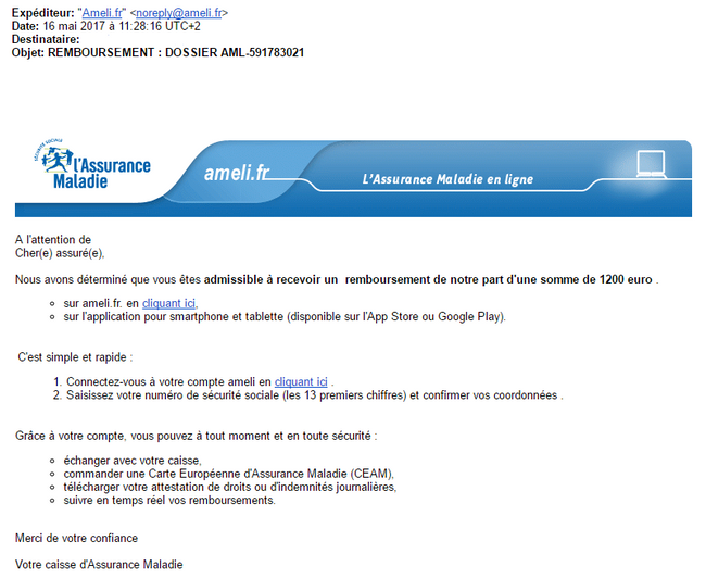 Email du phishing Ameli.fr