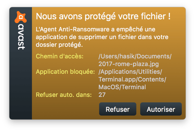 Pop-up détection ransomware d'Avast Security Mac