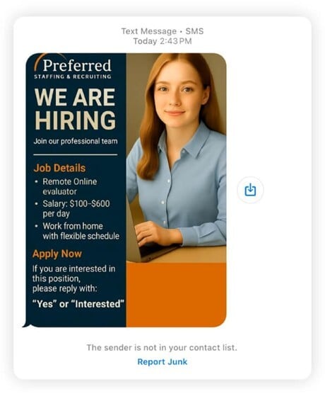 A screenshot of a job text scam with an AI-generated image.