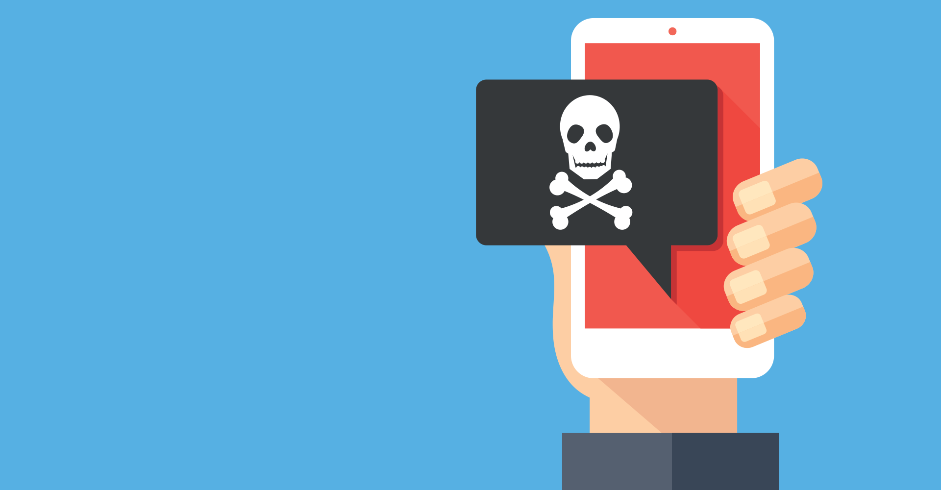 Illustration of a hand holding an smartphone with a skull and cross bones which represents malware-infected .zip domains.